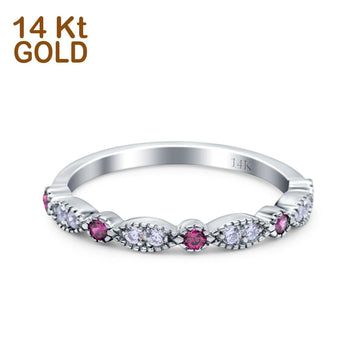 14K White Gold Half Eternity Wedding Band Art Deco Design Simulated Ruby CZ Ring